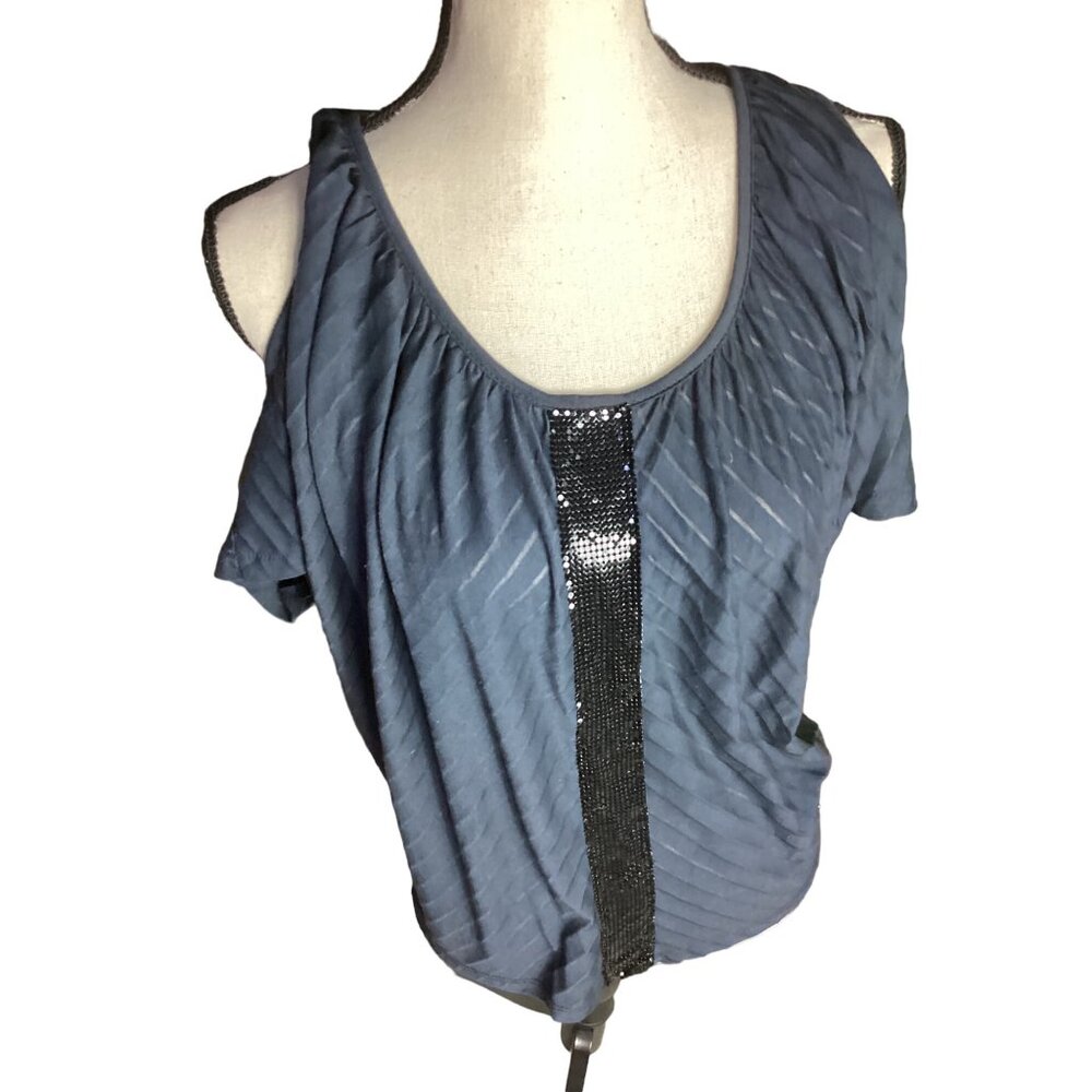 Women's Cynthia Rowley Cold Shoulder Sequins Black Top* Blouse*EUC  *Large